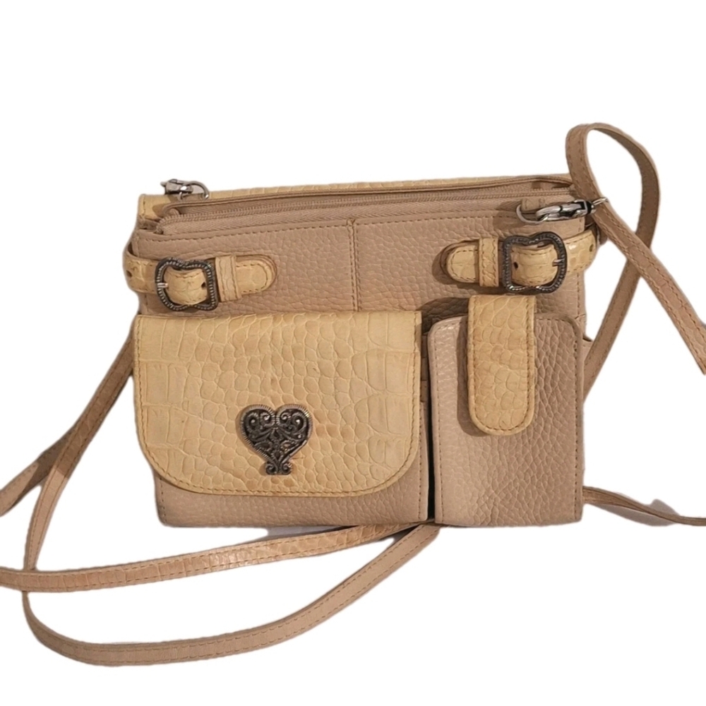 Vintage Brighton Ivory Cream Croc Embossed & Pebble Leather Crossbody Wallet